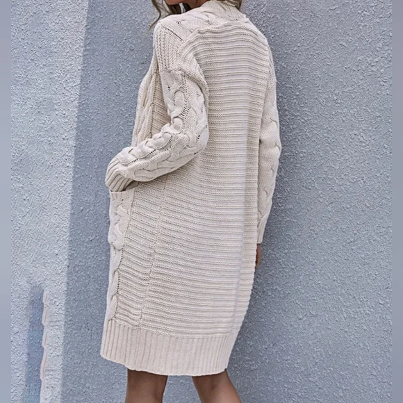 New Boho Long Cable Knit Cardigan Sweater Pockets Long Sleeve Beige Cream Ivory - Picture 5 of 9